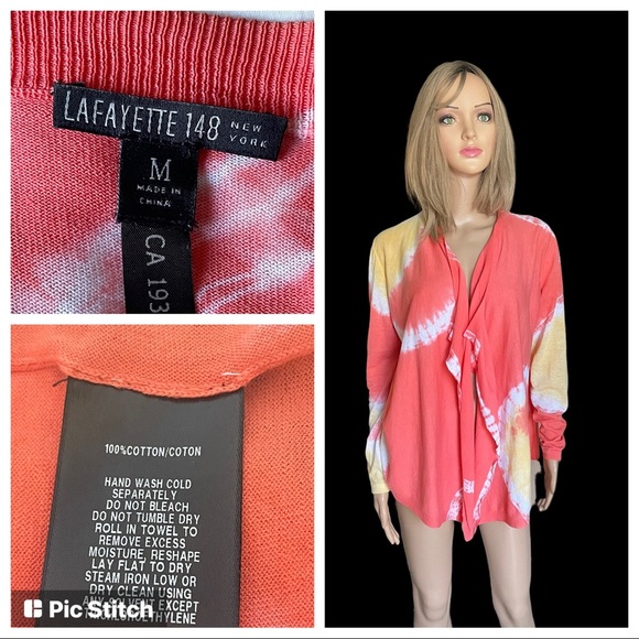 Lafayette 148 New York open front cardigan orange/white/yellow blouse size M - Picture 1 of 9